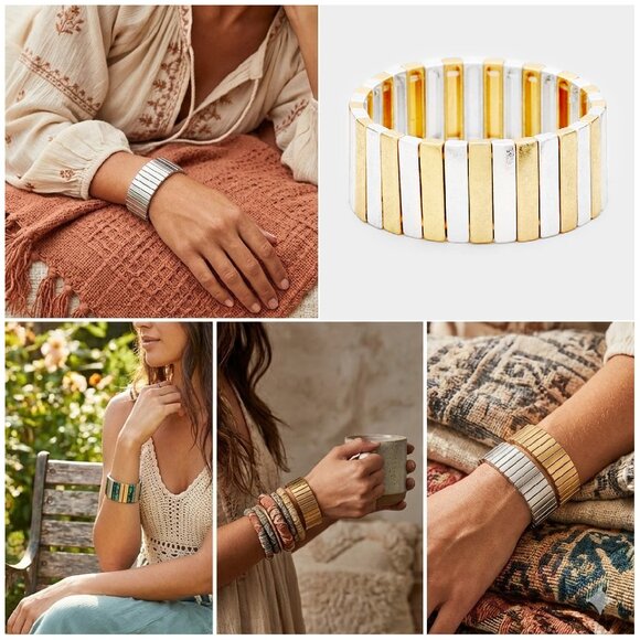 Big Bold Beautiful Metallic Gold & Silver Geometric Stretch Bracelets NEW - Picture 2 of 6